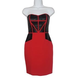 AIDAN MATTOX Sheep Skin Leather Black Cut Out Panel Strapless Red Dress Small